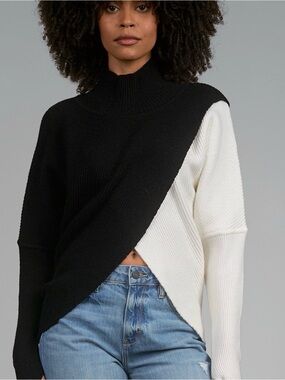 Elan Boulder Black & White Cowl-Neck Colorblock Sweater